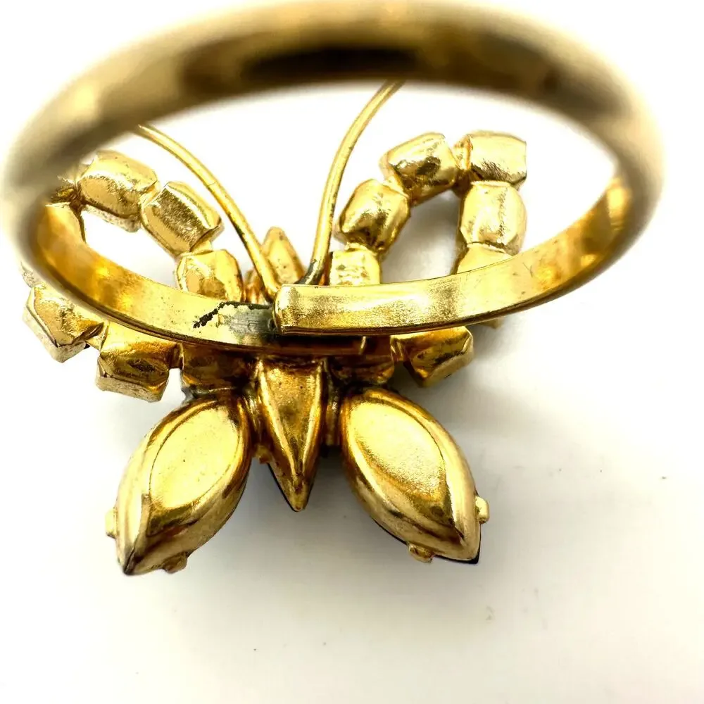 Vintage 1950s gold tone blue rhinestones butterfly adjustable cocktail ring